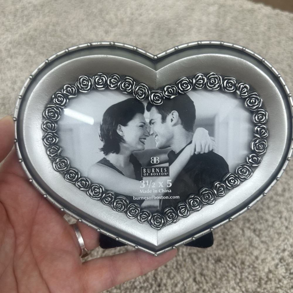 Vintage Burnes of Boston Picture Frame Metal Heart Shaped Rose Trim Silver Tone